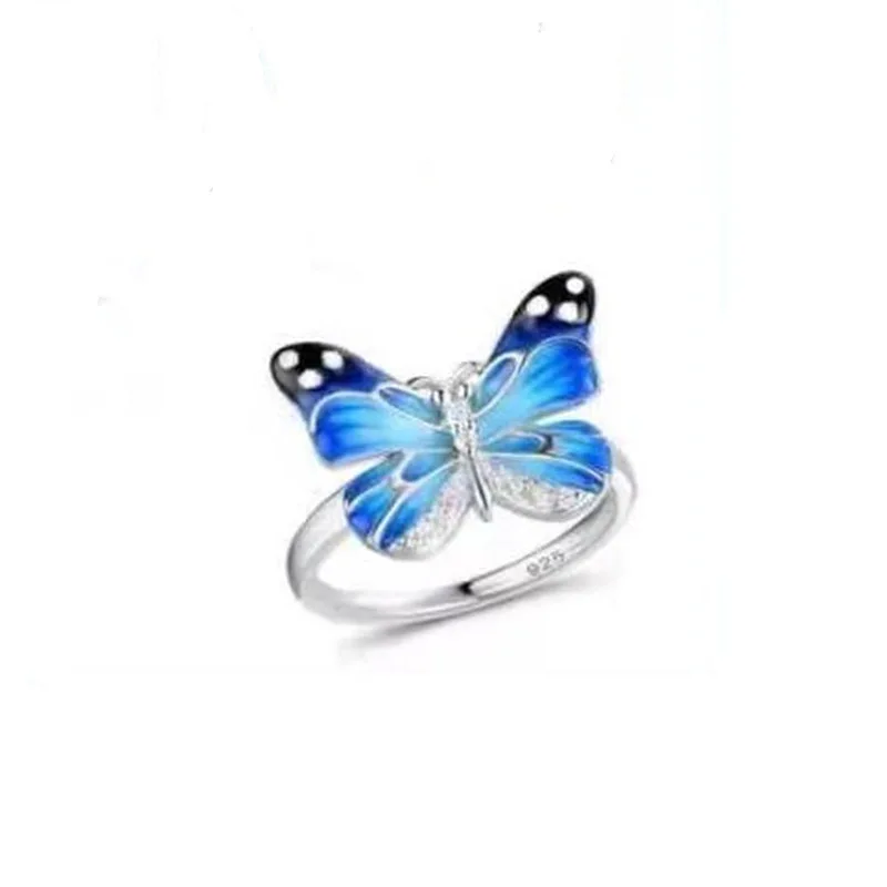 

Trendy Lovely Butterfly Ring For Silver Color Blue Crystal Zircon Women Wedding Party Jewelry Female Copper Accessories