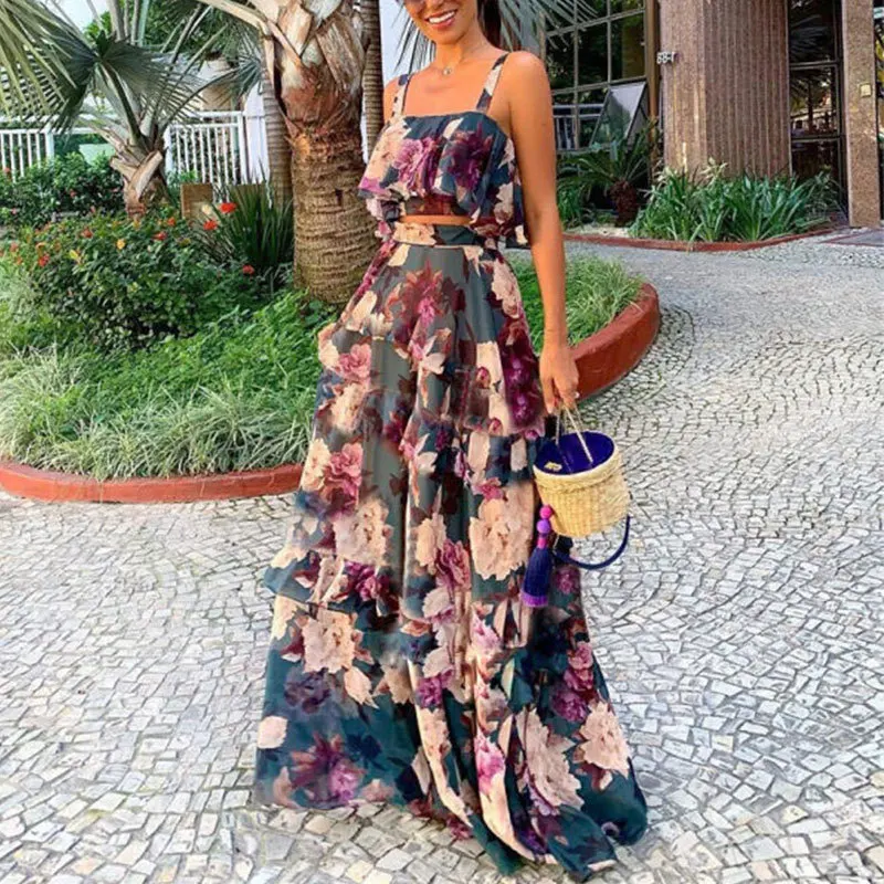 

Women Summer Boho Beach Two Piece Set Sexy Skirt Set Crop Top+Maxi Long Skirt Floral Printed Ruffles High Waist Casual Two Piece