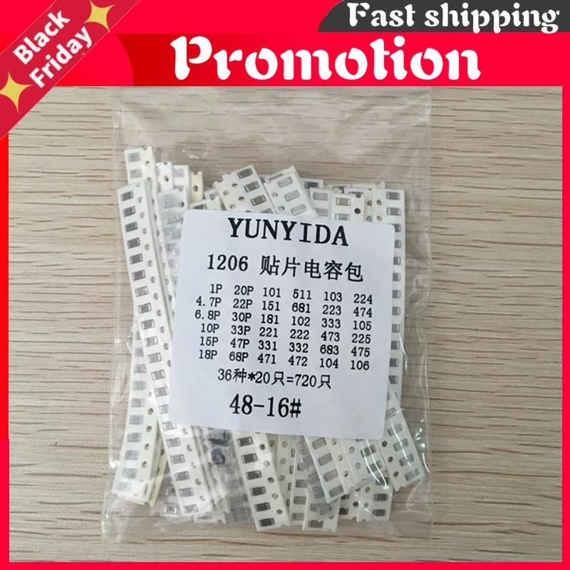 

1206 SMD Capacitor assorted kit ,36values*20pcs=720pcs 1pF~10uF Samples Kit electronic diy kit Free shipping