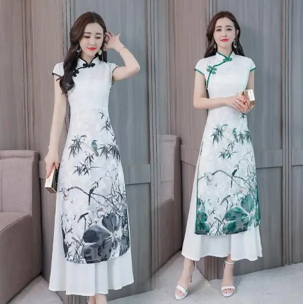 Новый стиль Ao Dai китайское платье Чонсам шифоновое Летнее Длинное винтажное с