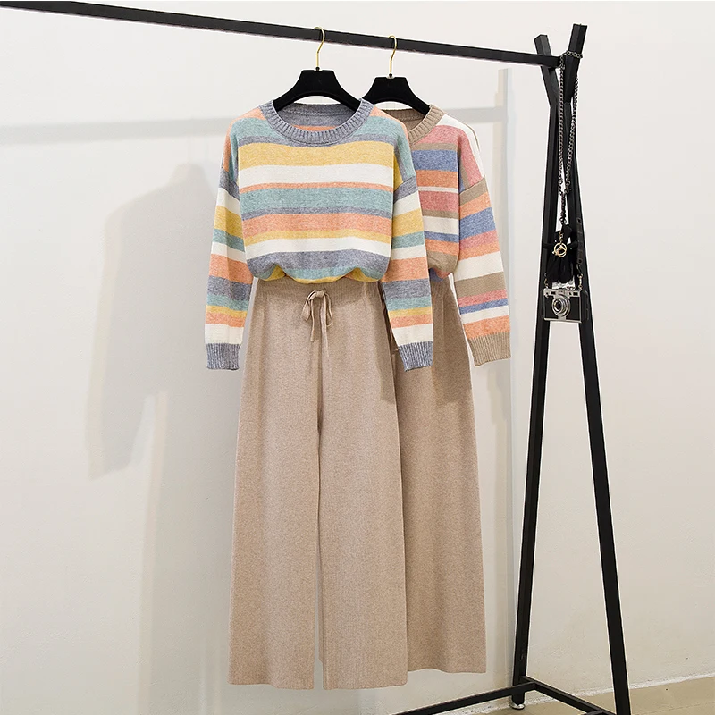 

2019 Fall And Winter Leisure Pullover Rainbow Stripes Round Collar Knitted Sweater Knitting Trousers Wide-Legged Pants Suit