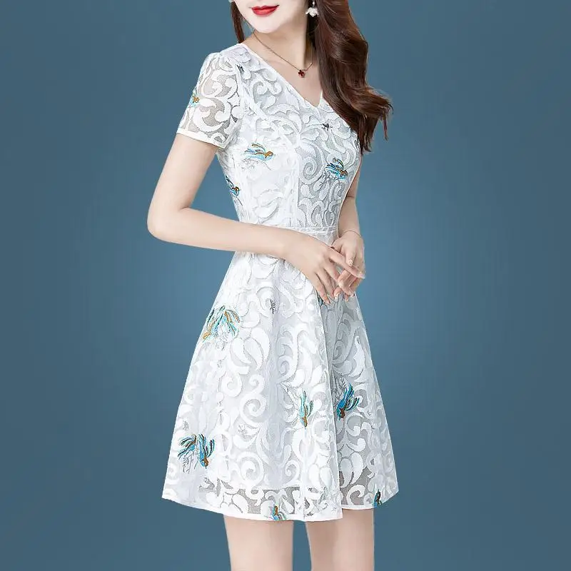 

2021 Summer O-neck Short Sleeve Embroidered Slim Chiffon Dress Women Knee-length Plus Size Dresses Vintage Party Vestidos Y924