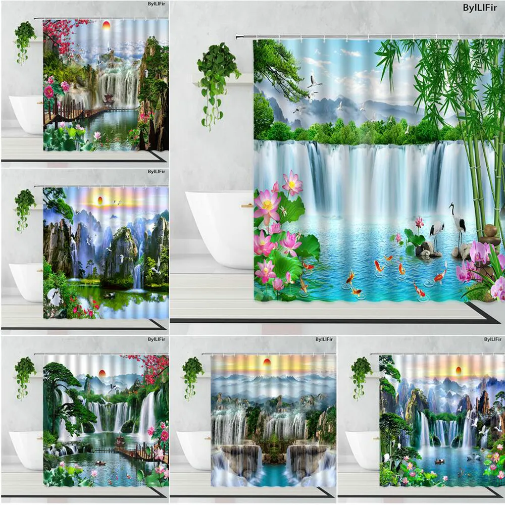 

Весенняя 3d-занавеска для душа с лотосом, бамбуковыми рыбками, пейзажем, цветущими туманными горами, традиционное китайское Чернильное укра...