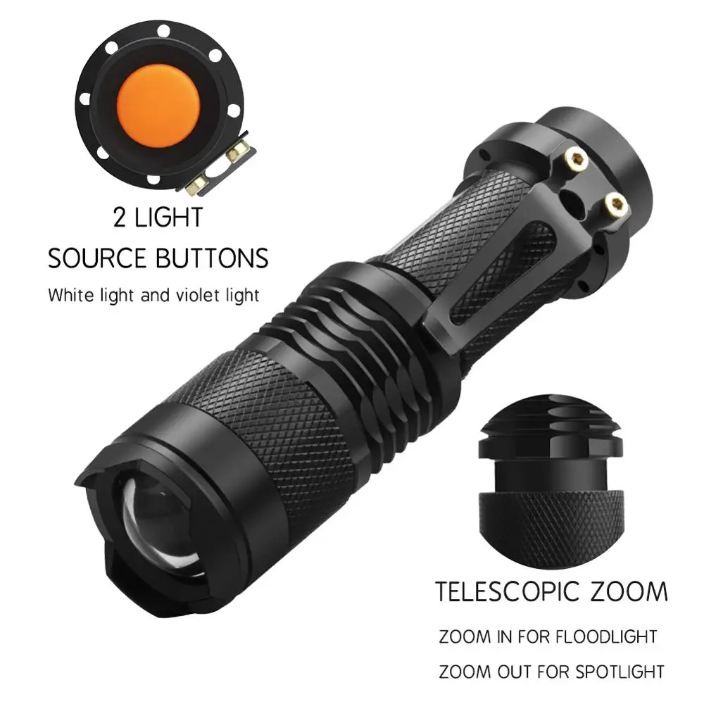 Светодиодный УФ фонарик 2 в 1 тактический фонарь с детектором 395 нм для ковровых