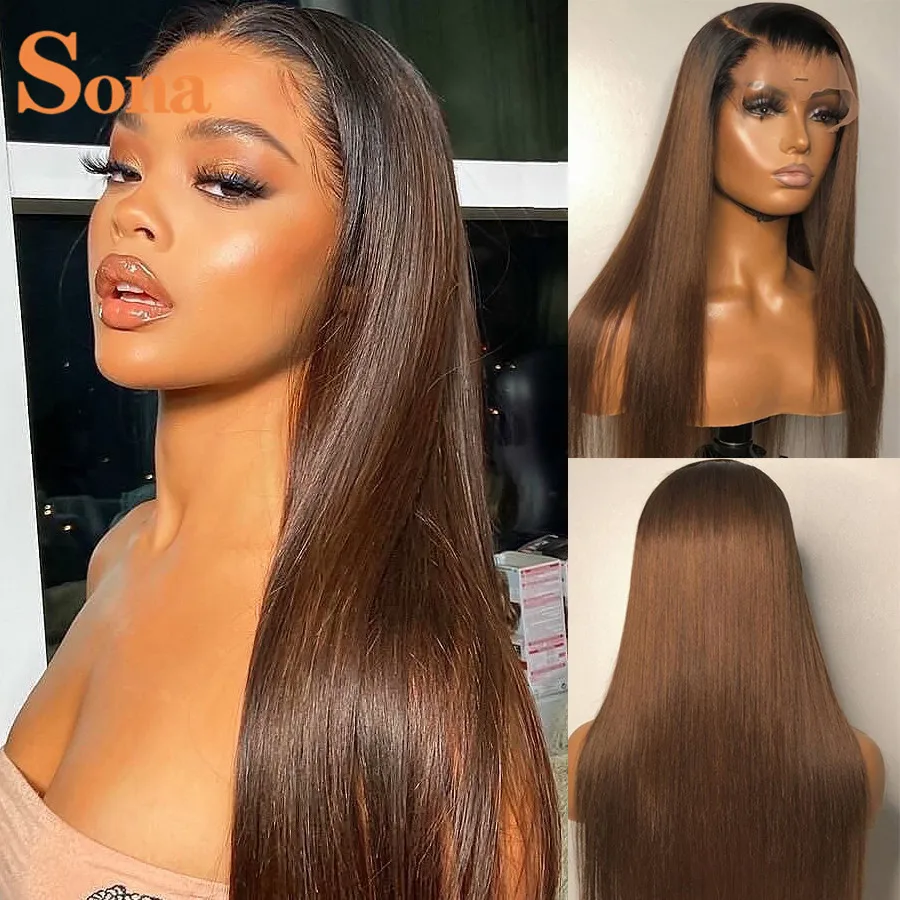 

Brown Wig with Dark Roots Colored Lace Front Human Hair Wigs with Baby Hair Glueless HD Transparent Lace Frontal Wig for Women