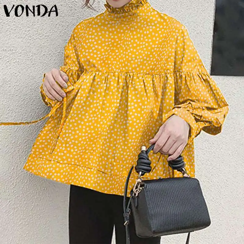 

Spring Shirts Women Polka Dot Blouse Casual Long Sleeve Round Neck Shirts 2022 VONDA Bohemian Printed Tunic Female Shirts