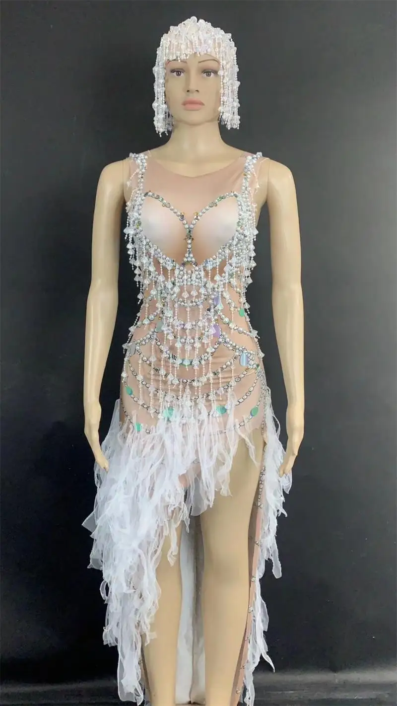 

Summer Princess Dress Sleeveless Diamond Tassel Beaded Sexy Elegant Dress 2021 Party Celebrate Singer Stage Performance Costume