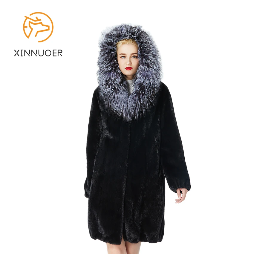 Норковая шуба из натуральных волос черная лиса Модная тонкая длинная 2021 Новинка |