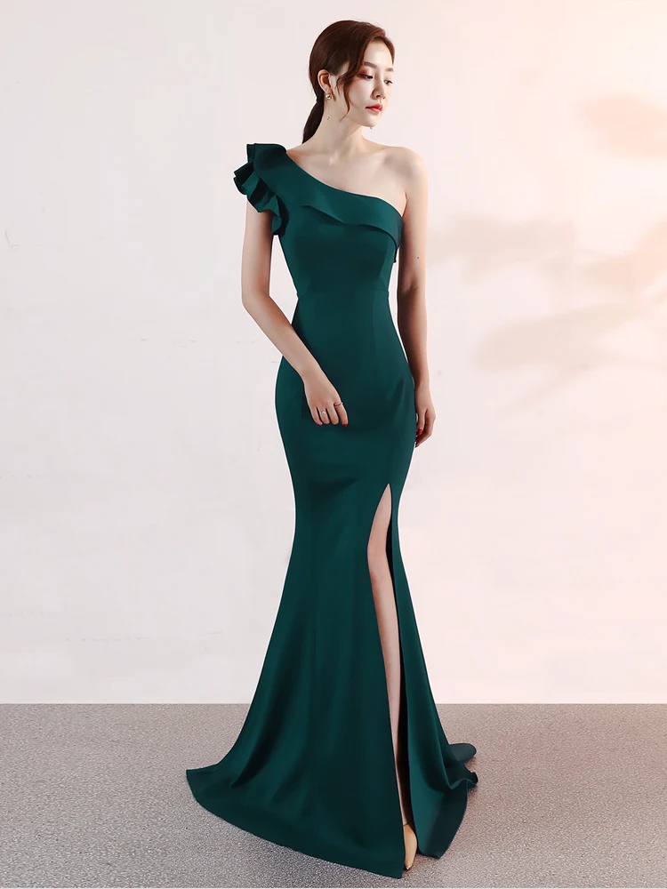 

Formal Evening Dress 2021 New Mermaid Ruffle Flounce One Shoulder Stretch Long Prom Dress Zipper Back Sleeveless Sexy Roby De