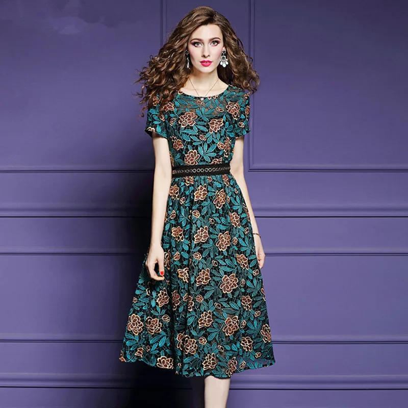 

Женское кружевное платье с цветочной вышивкой, элегантное винтажное длинное платье-трапеция до середины икры, лето 2020