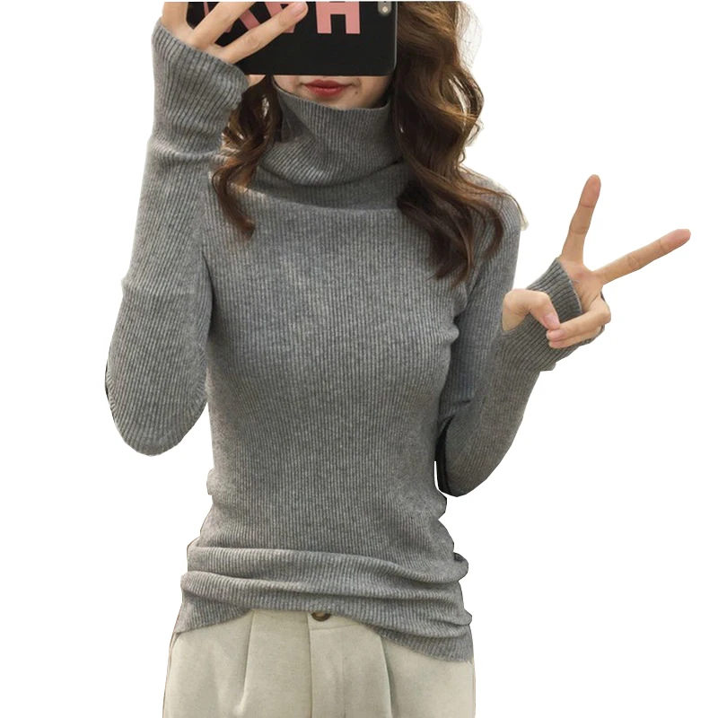 Однотонный тонкий свитер с высоким воротником Женский пуловер длинным рукавом