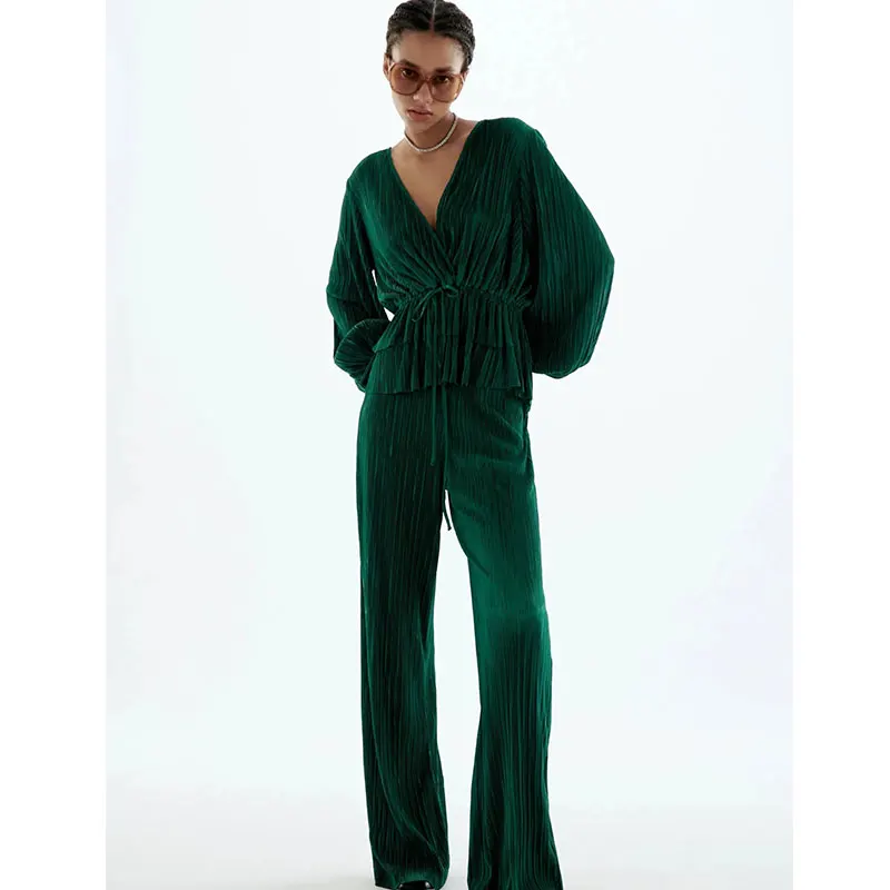 

Nlzgmsj Za 2021 осенние элегантные плиссированные тонкие рубашки с V-образным вырезом Женские длинные брючные костюмы женская осенняя одежда 202110