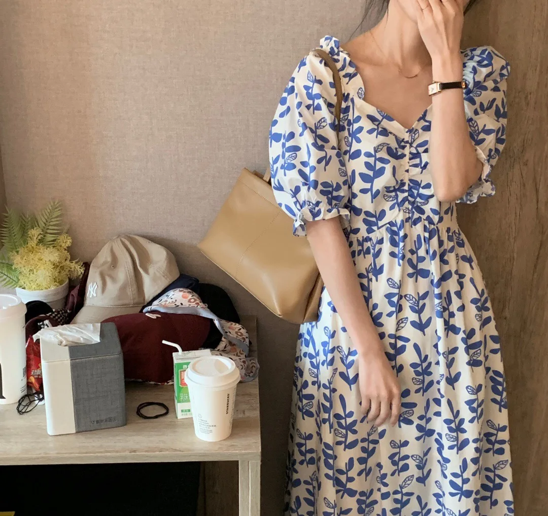 

Женское летнее платье с коротким рукавом и принтом, в Корейском стиле, новинка 2021