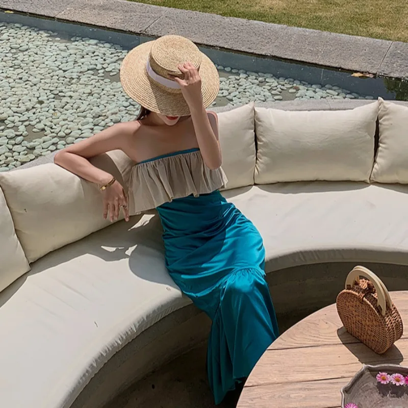

Korejepo Women Dress 2021 Summer French Retro Sexy Fairy Temperament Strapless Slash Neck Ruffles Stitching Holiday Long Dresses