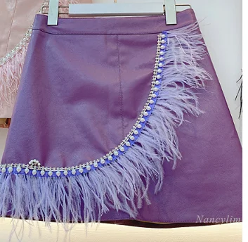

Feather Slim Package Hip Pu Leather Skirts Autumn 2020 Women High Waist Leather Skirt Women Short Mini Skirt Beaded