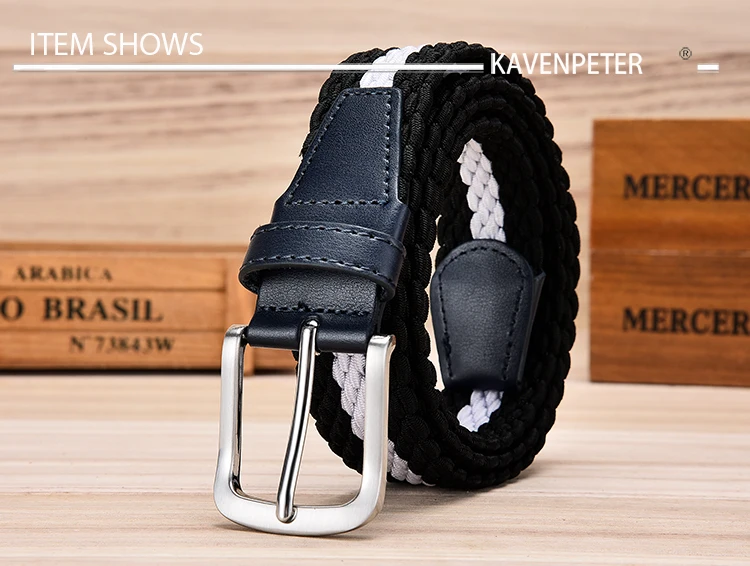 Fashion Casual Stretch Woven Belt With Leather Tip Top Elastic Belts For Men Jeans Mixed Color Braided Strap Zinc Alloy Buckle