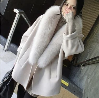 Beige Осенне-зимнее шерстяное пальто для женщин Новое корейское популярное кашемировое пальто с большим меховым воротником Длинное свободное шерстяное пальто Abrigo Mujer - Цвет: Beige