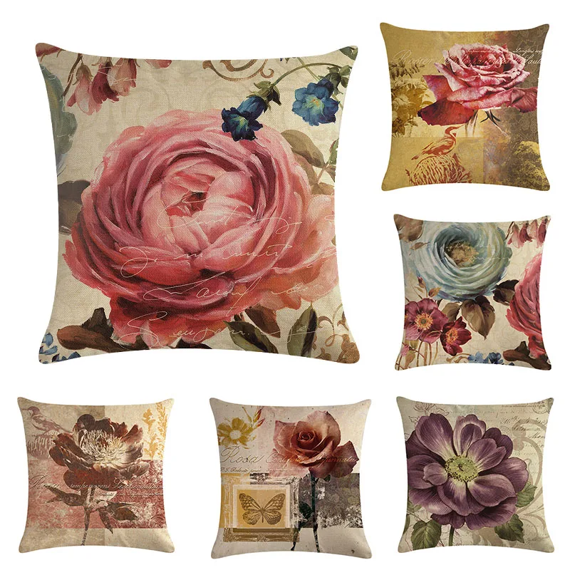 

Linen Cusion Covers for Sofa Peony Painting Printed Pillowcases for Bed Living Room Home Decoration Home Textile 45*45cm 1pc