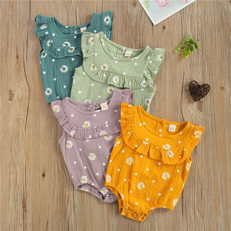 

2021 0-18Months Newborn Baby Girls Cotton Romper,Children Kids Girls Summer Casual Breathable Cool Fly Sleeve Daisy Print Romper