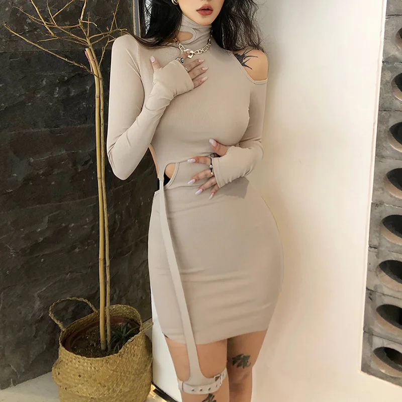 

Artsuтрикотажное мини-платье для женщин, Осеннее элегантное дизайнерское платье с вырезами на талии, женские открытые платья с высокой талией...