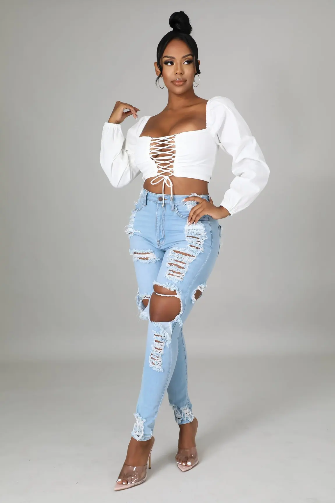 

Hole Washed Ripped Jeans Women 2020 Casual Korean High Waist Trousers Ladies Denim Jeans Light Blue Hollow Bleached Pencil Pants
