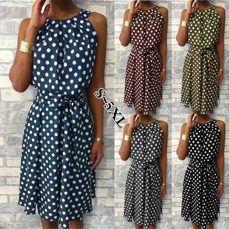 

5xl Vestidos Women Casual Long Dress O Neck Sleeveless Print Dot Lacing Folds Office Lady Loose Strapless Plus Maxi Size Summer