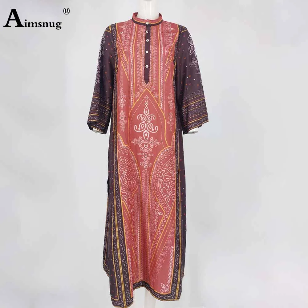 

Aimsnug 2021 Vintage 3D Print Dress For Women Retro Three Quarter Sleeve Loose Party Dress Autumn Mid-Calf Dresses Femme Clothes