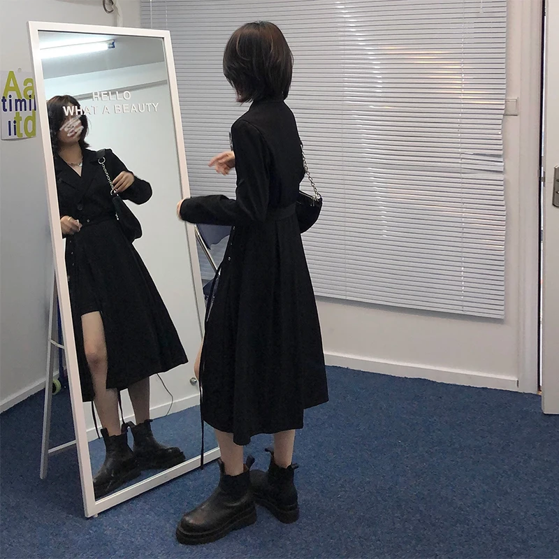 

Harajuku Suit Collar Women Dresses Black Long Sleeve High Waist Elegant Sashes Side Slit A-Line Streetwear Korean 2021 New Tide