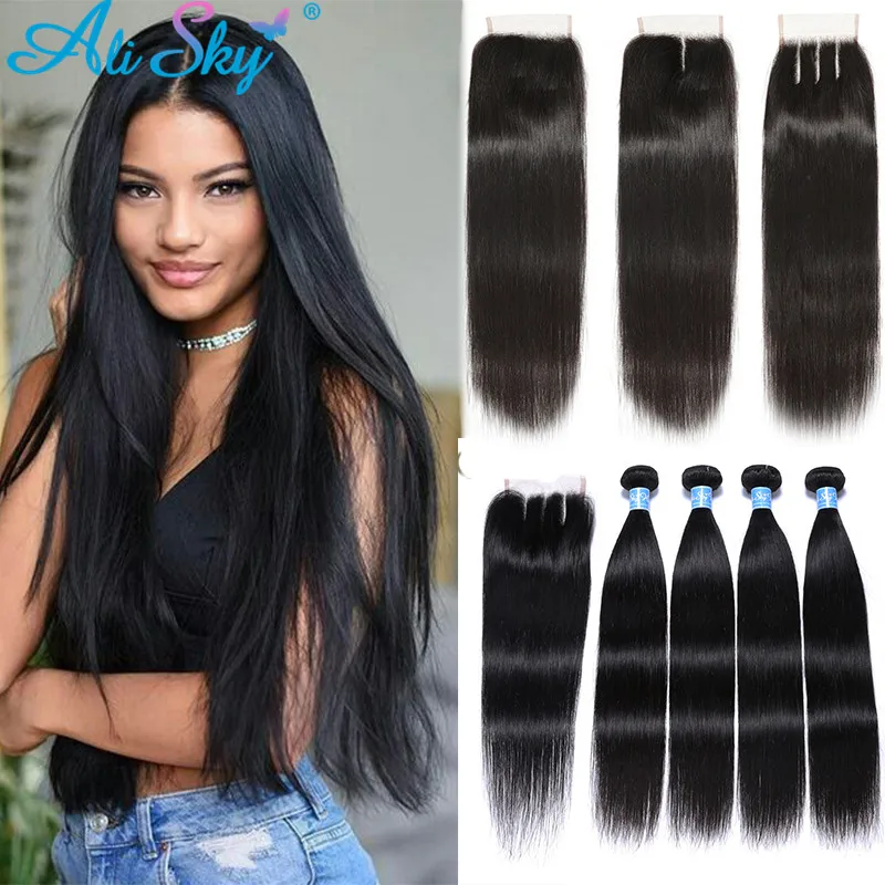

Alisky Peruvian Hair Bundles 4 Bundles with Closure Straight Bundles With Closure Pre Plucked Frontal Closure and Bundles Cheap