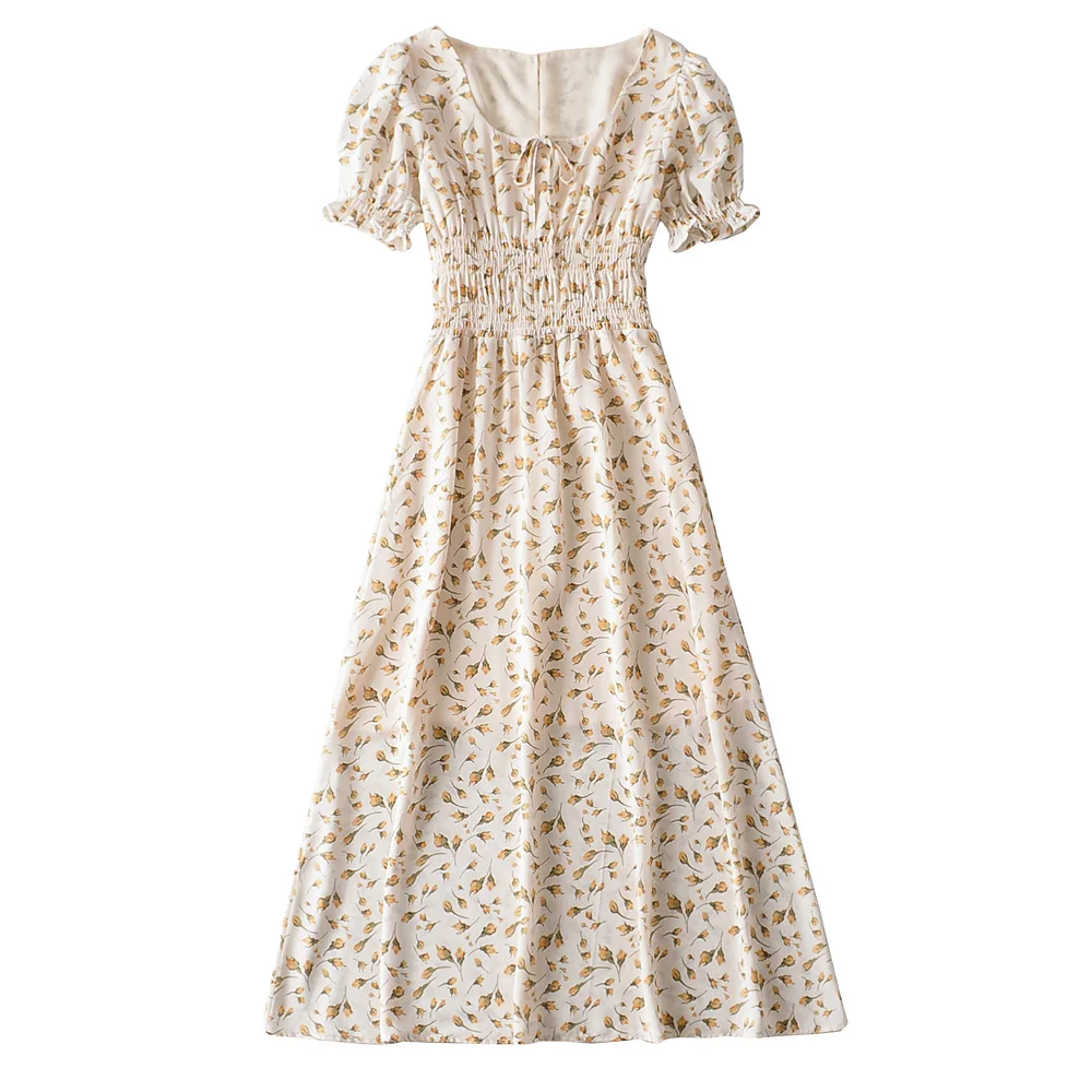 

Summer New Women's Travel Holiday Style Flower Print Dress Long Skirt Tight Waist Western Style Slimming Fairy Dress