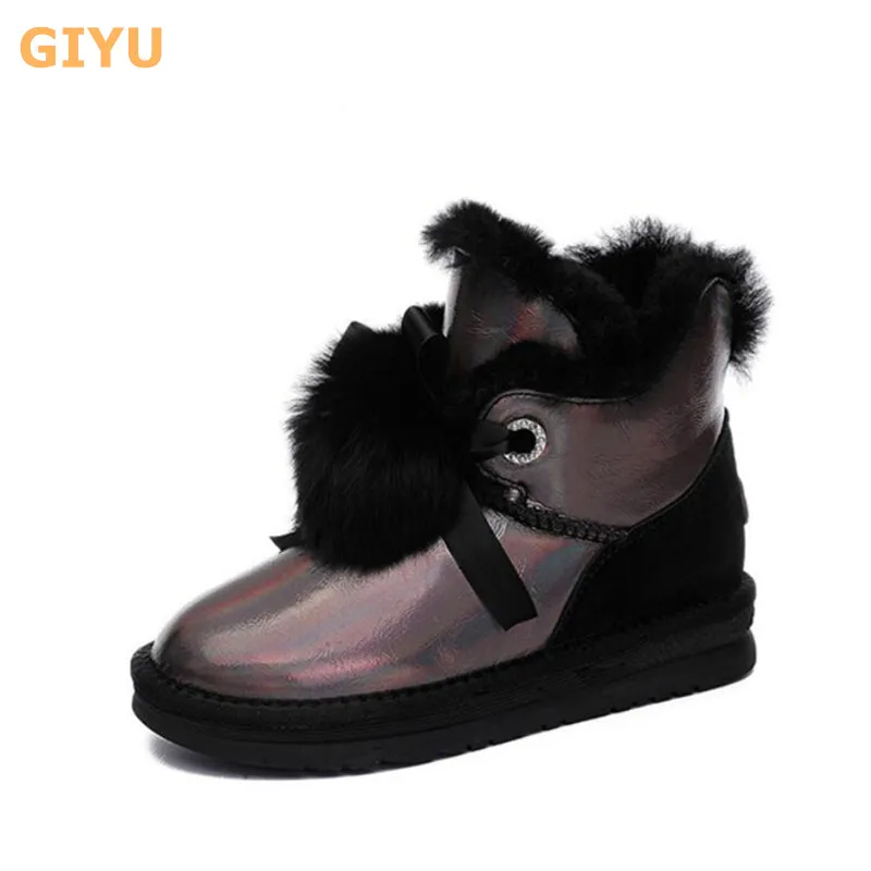 

Women's genuine leather snow boots 2020 winter new wool ankle boots Girls sweet non-slip flat cotton shoes Female Short boots