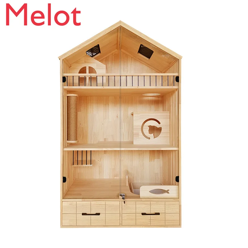 

Solid Wood Cat Cage Cat Villa Cat Nest Cat Cabinet Cat House Cattery Display Cabinet Double-Layer Three-Layer Household Durable