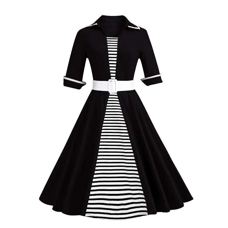 

Women Autumn Dress A Line Retro Vintage 50s 60s Robe Rockabilly Swing Pinup Dresses Casual Plus Size Striped Party Vestidos