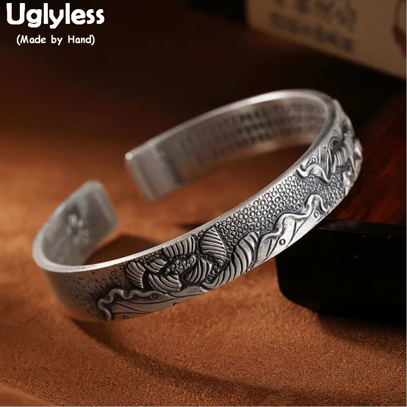 

Uglyless Solid 999 Silver Buddhistic Bangles Women Carved Lotus Thai Silver Bangles Wide Buddhism Heart Sutra Fine Jewelry BA704