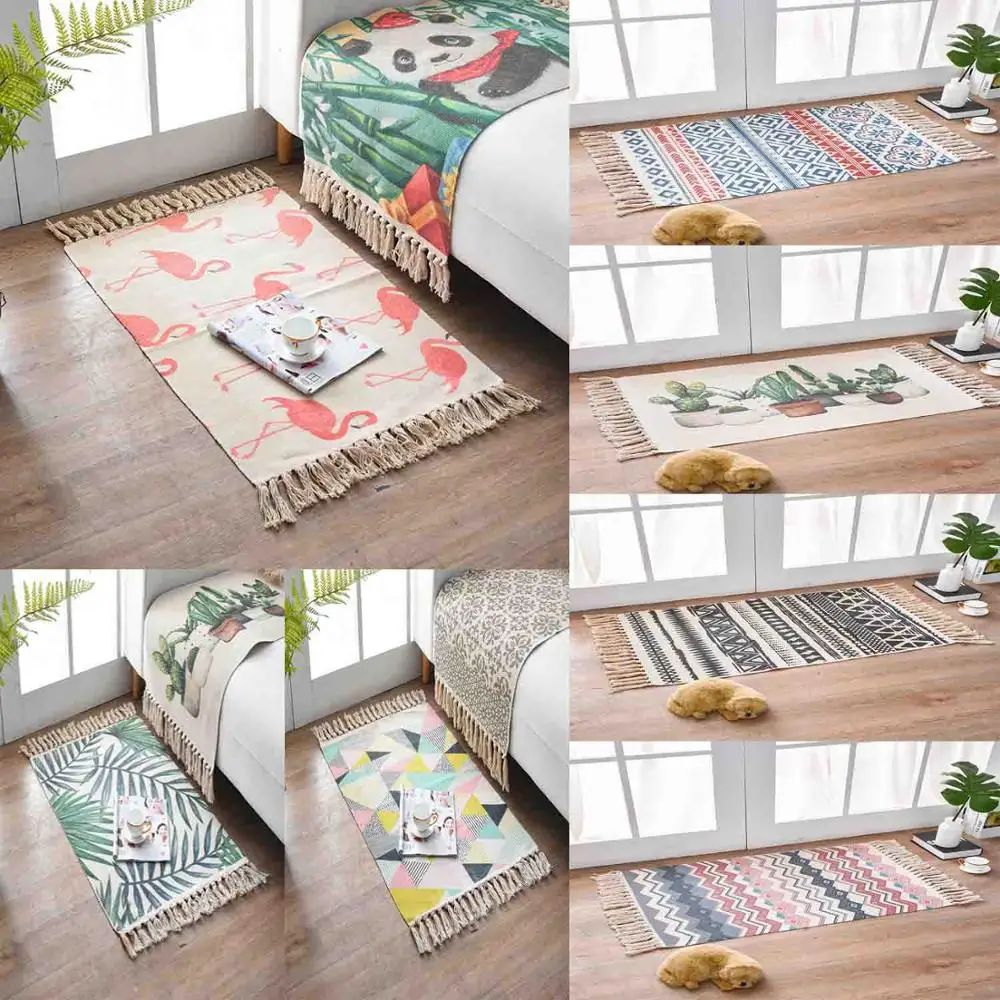 Ретро Бохо ручной тканый хлопковый льняной ковер прикроватный геометрический