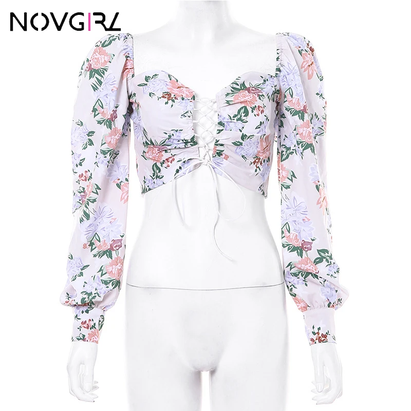 Novgirl/женские короткие топы на шнуровке с цветочным принтом коллекция 2019 года