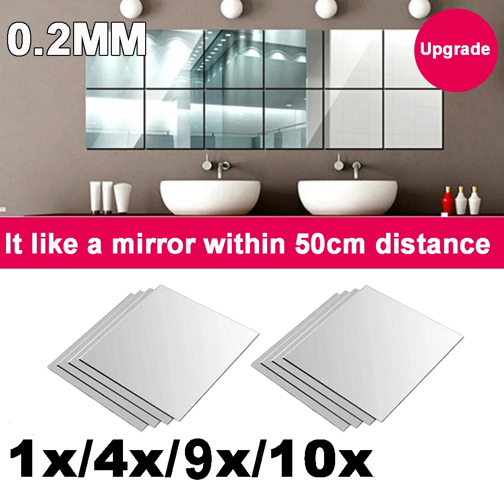 Upgrade: 0.2mm thickness-1/4/8/9/10Pcs 15x15cm Mirror Tiles Wall Sticker Square Self Adhesive Stick On DIY Home Decoration