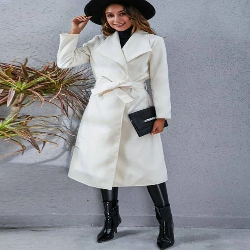 Женское шерстяное пальто, элегантное простое длинное однотонное приталенное пальто с поясом, Женское пальто s1622, Осень-зима