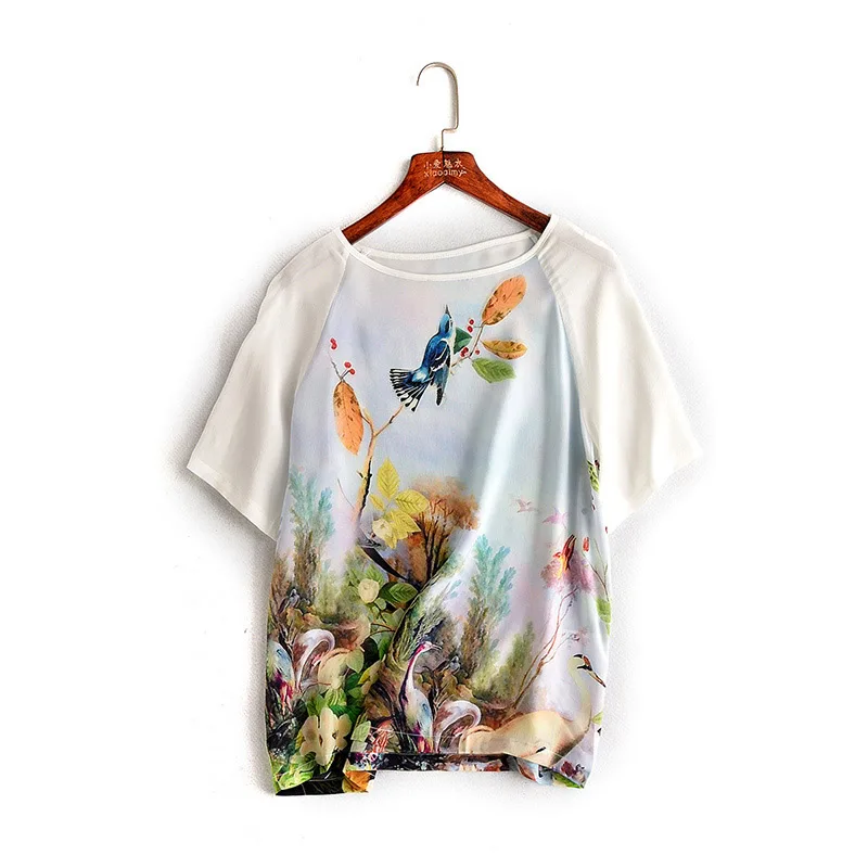 Рубашка с коротким рукавом и круглым вырезом китайской росписью цветов птиц |