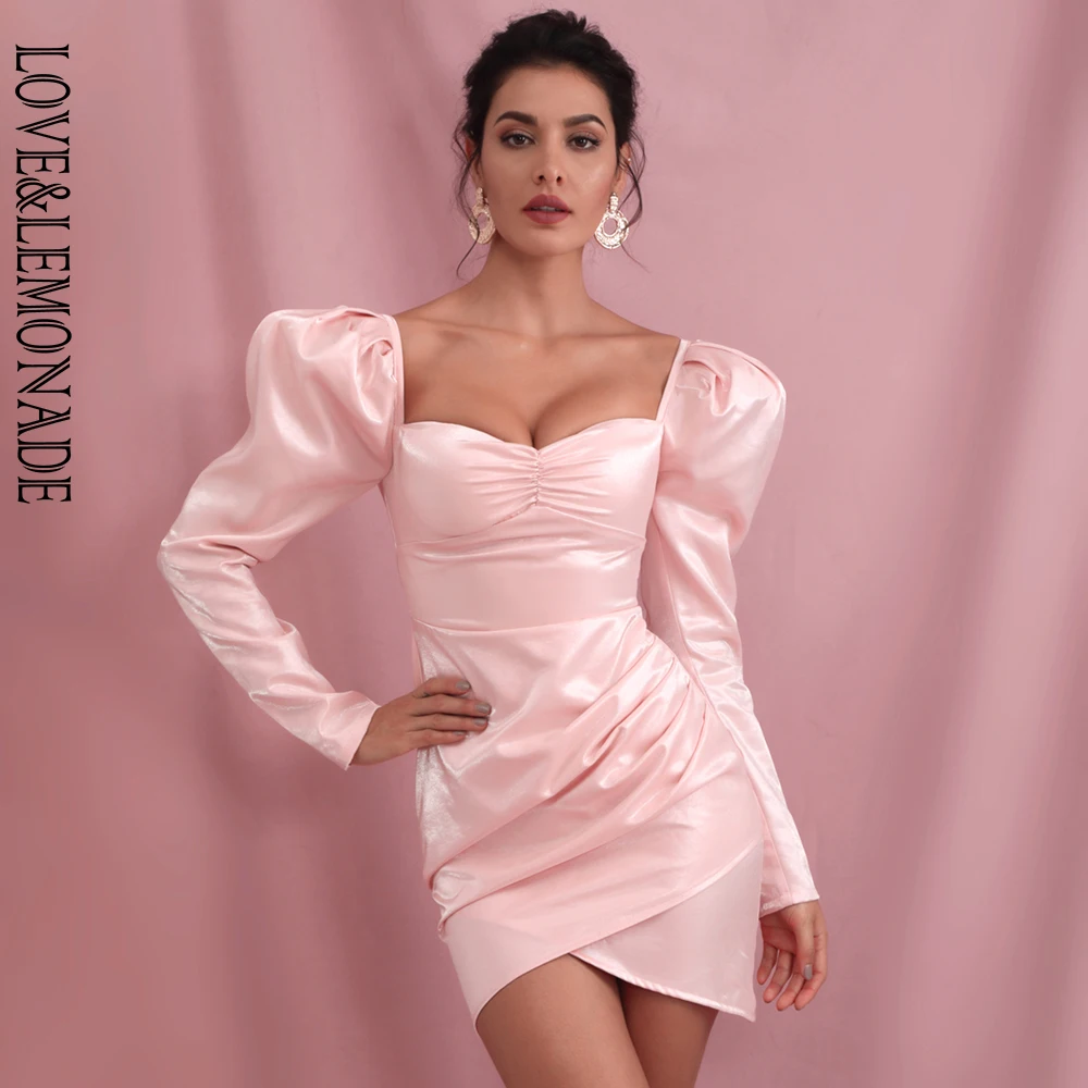 Женское вечернее мини платье LOVE & LEMONADE розовое блестящее с квадратным вырезом и