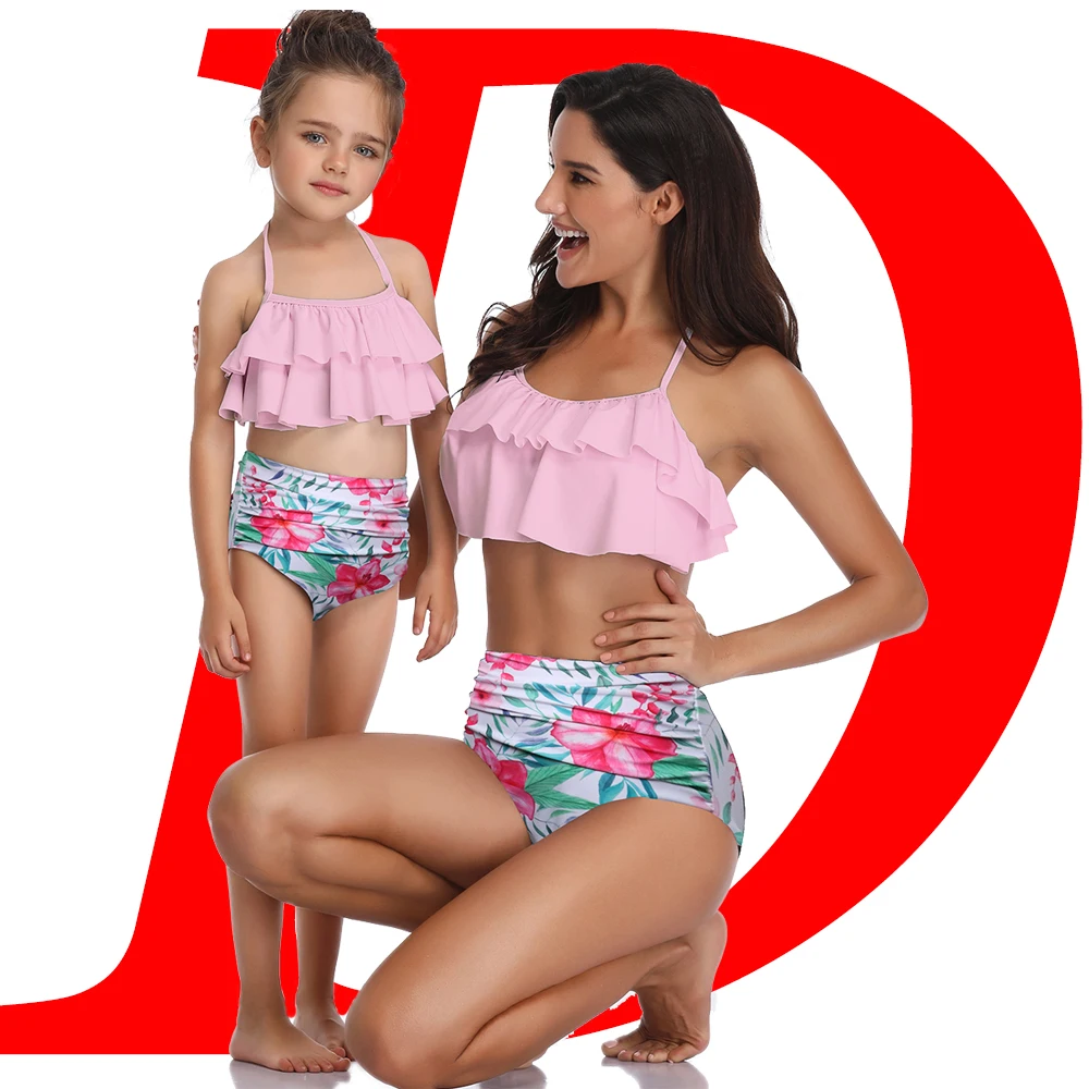 

Women's Swimsuit Mom and Daughter Pink Flower Print Bikini Set Family Matching Swimwear Tube Top Parent Child Attire