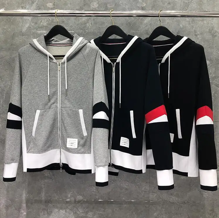 

2021 Fashion TB THOM Brand Hip Hop hooded Clothing Cotton Jacket Men Women Sweatshirts Hoodies Patchwork Casual Sportswear Coat