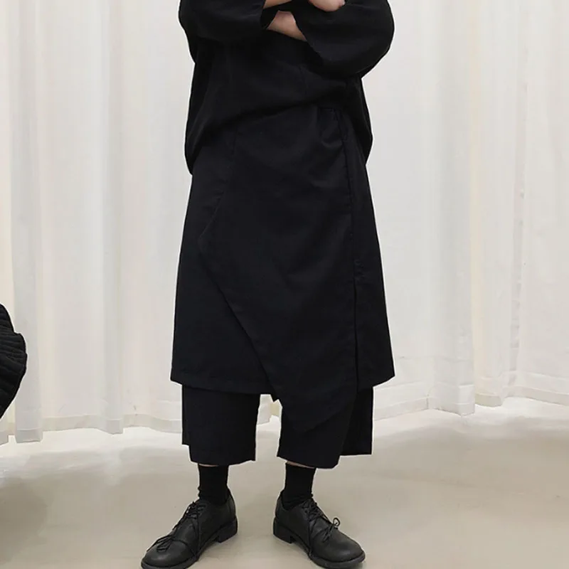 Homens fтакже 2 peça emendado solto casual preto ampla perna saia calparts masculino хип хоп панк готический уличный