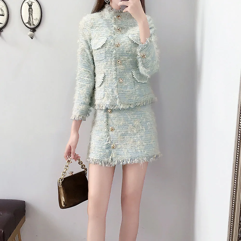 Women's 2021 New Small Fragrance Tweed Blazer Woolen Bag Hip Skirt Autumn And Winter Women's Fashion Slim Two-piece Suit enlarge