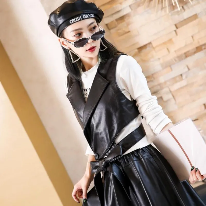 

Women New Designer Bowknot Lace Up Natural Sheepskin Vest Top Sleeveless Genuine Leather Jacket Female Short Slim Fit Waistcoat