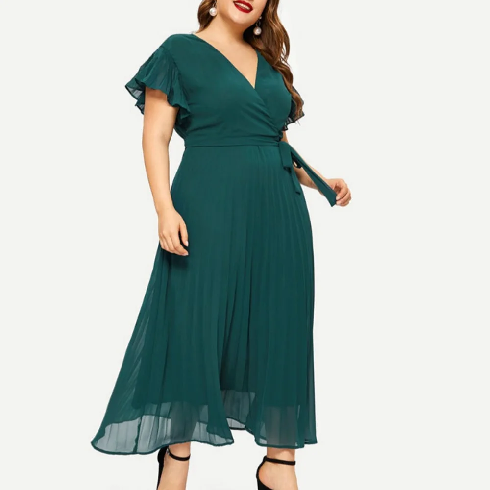 Женское плиссированное платье большого размера с v-образным вырезом и поясом