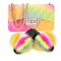 women real fox fur slippers matte jelly bags sets colorful bags sets travel fluffy fur slides furry fur sandals match purse sets