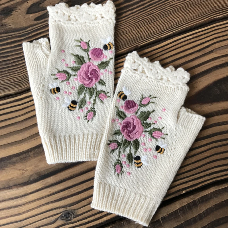 Autumn Honeybee Flower Embroidery Gloves Women's Winter Warm Gloves Wool Weaving Knitted Gloves