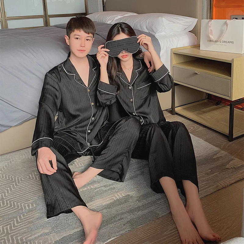 

Satin ice silk lovers pajamas sets women Couples sleepwear long sleeve quality exquisite black Striped pyjamas women 991467