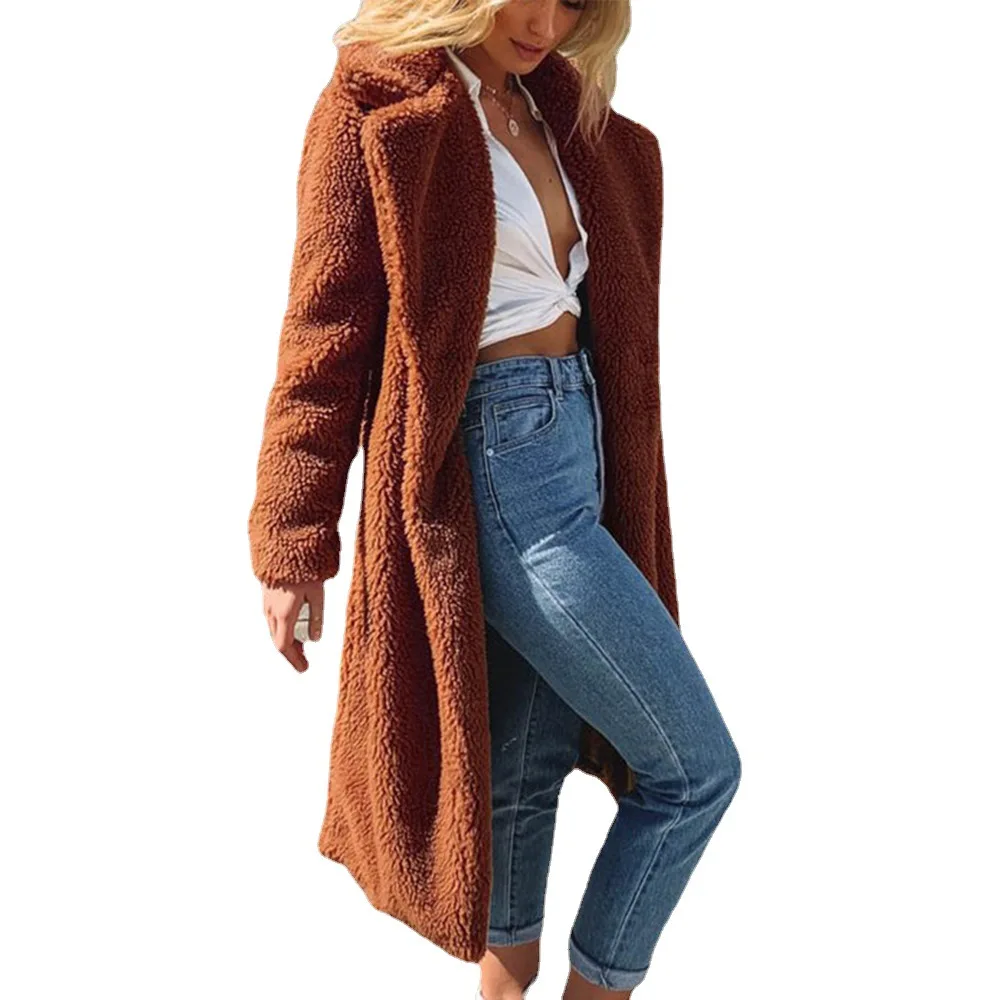 Women's Autumn and Winter New Ladies' Suit Collar Long Faux Fur Mao Mao Long Sleeve Coat